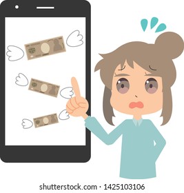 Illustration of a woman who has spent too much money on a smartphone(The meaning of 10,000 yen in Japanese)