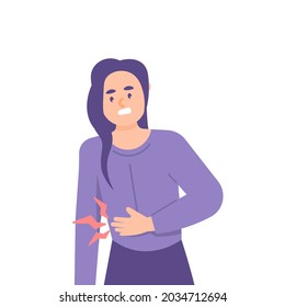 illustration of a woman who has a stomach ache. menstruation, ulcers, hunger, pain in the stomach. pained expression. suffer from disease. health problems. flat cartoon design. vector design