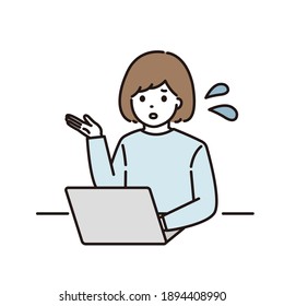 Illustration of a woman who is having trouble explaining in front of a computer