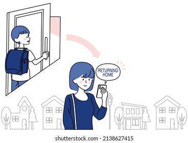 Illustration of a woman who knows when her child comes home through a notification on her smartphone