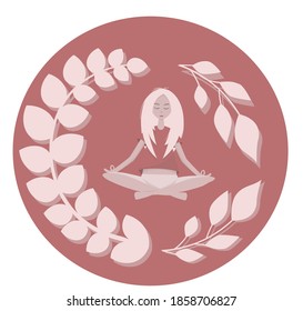An illustration of a woman who meditates. Pink round powder background with petals. Blonde girl doing yoga.