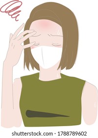 Illustration of a woman who is on the verge of heat stroke while wearing a mask in summer