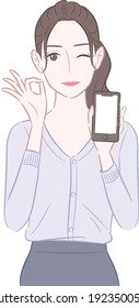 Illustration of a woman who poses OK while showing a smartphone in her hand and winking