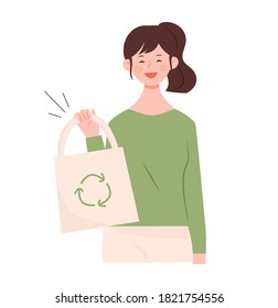 Illustration of a woman who recommends using an eco bag. A woman who practices nature conservation and zero waste.