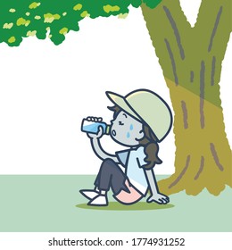 It is an illustration of the woman who rehydrates in the shade of a tree during exercise. Vector image.