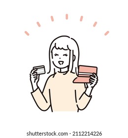Illustration of a woman who is relieved to compare cards and passbooks. Vector.
