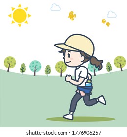 It is an illustration of the woman who runs with a drink. Vector image.