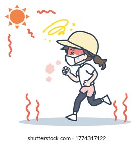 It is an illustration of the woman who runs with a mask under the blazing sun. Vector image.