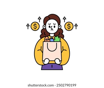 illustration of a woman who is sad because the price of necessities has increased. thinking because the price of food is getting more expensive. facial expression. outline style character design