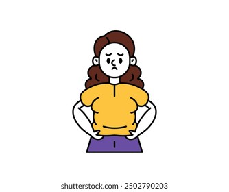 illustration of a woman who is sad because of her fat belly. not confident because of being fat. fatty stomach. facial expression. outline style character design. graphic elements