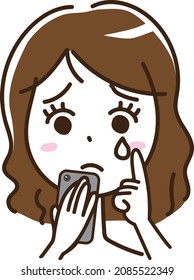 Illustration of a woman who sheds tears with her mobile phone and smartphone