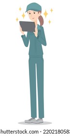 It is an illustration of a woman who shoots with a tablet.
