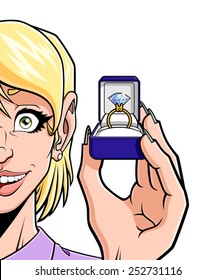 Illustration of woman who are showing a ring with diamond. Isolated on white background.