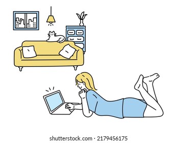 An illustration of a woman who spends her time leisurely.Holidays, relaxation, loitering, computer.