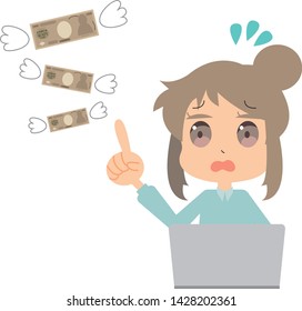 Illustration of a woman who spent too much money on internet shopping (meaning 10,000 yen in Japanese)