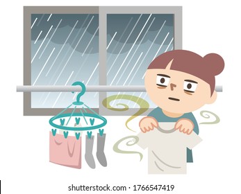 Illustration of a woman who is stunned because she cannot dry her clothes due to rain