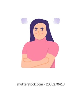 illustration of a woman who is sulking, angry, and upset. people's facial expressions. annoyed with someone or something. flat cartoon style. vector design