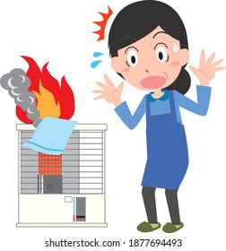 Illustration of a woman who is surprised by the burning towel that fell on the stove
