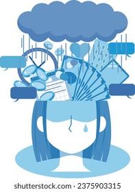Illustration of a woman who thinks too much and is full of anxiety