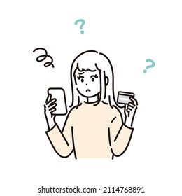 Illustration of a woman who is troubled by checking the details of the card with her smartphone. Vector.