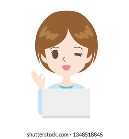 illustration of a woman who uses the PC with an OK sign.