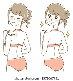 Illustration of woman who wants to erase tattoo on back