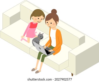 It is an illustration of a woman who works remotely on the sofa.