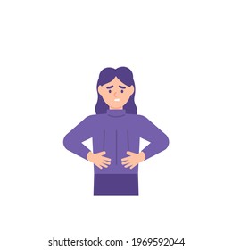 illustration of a woman whose stomach rumbles or sounds because he is hungry. holding his stomach. experiencing stomach or ulcer pain. flat style. vector design