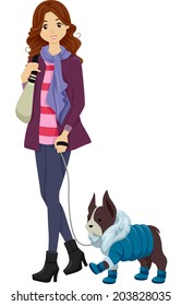 Illustration of a Woman in Winter Clothes Taking Her Similarly Dressed Dog for a Walk