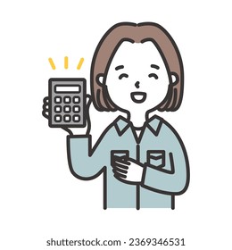 Illustration of a woman in work clothes holding a calculator