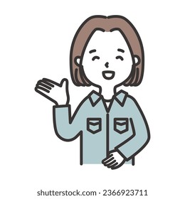Illustration of a woman in work clothes showing this way.