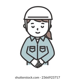 Illustration of a woman in work clothes wearing a helmet smiling and bowing