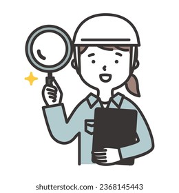 Illustration of a woman in work clothes wearing a helmet and holding a magnifying glass