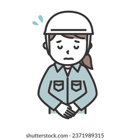 Illustration of a woman in work clothes wearing a helmet apologizing with a troubled face.