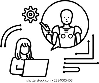 Illustration of a woman working with artificial intelligence, line drawing.