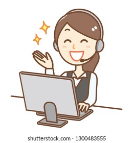 Illustration of a woman working at a call center.She has a guide.