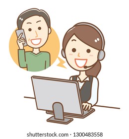 Illustration of a woman working at a call center.She is answering the inquiry.