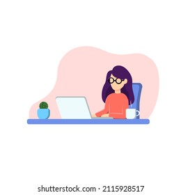 Illustration of woman working with computer. Flat design