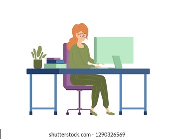 illustration of woman working with computer while sitting on chair. Flat cartoon vector illustration