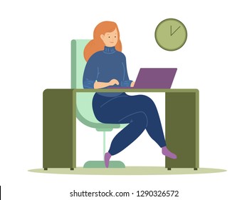illustration of woman working with computer while sitting on chair. Flat cartoon vector illustration