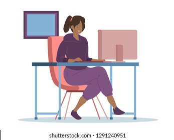 illustration of woman working with computer while sitting on chair. Flat cartoon vector illustration