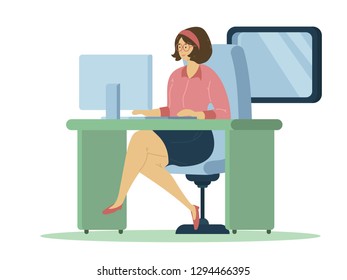 illustration of woman working with computer while sitting on chair. Flat cartoon vector illustration