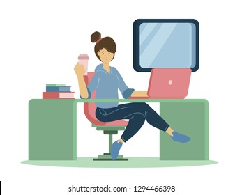 illustration of woman working with computer while sitting on chair. Flat cartoon vector illustration