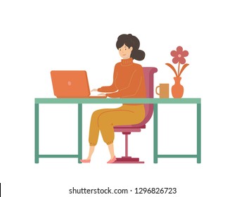 illustration of woman working with computer while sitting on chair. Flat cartoon vector illustration