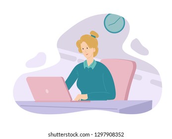 illustration of woman working with computer while sitting on chair. Flat cartoon vector illustration
