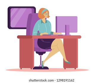 illustration of woman working with computer while sitting on chair. Flat cartoon vector illustration