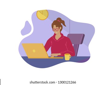 illustration of woman working with computer while sitting on chair. Flat cartoon vector illustration