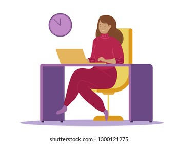 illustration of woman working with computer while sitting on chair. Flat cartoon vector illustration