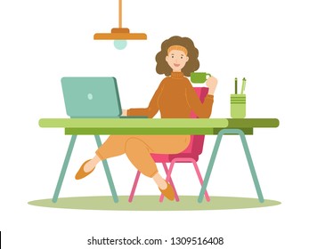 illustration of woman working with computer while sitting on chair. Flat cartoon vector illustration