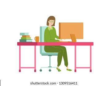 illustration of woman working with computer while sitting on chair. Flat cartoon vector illustration